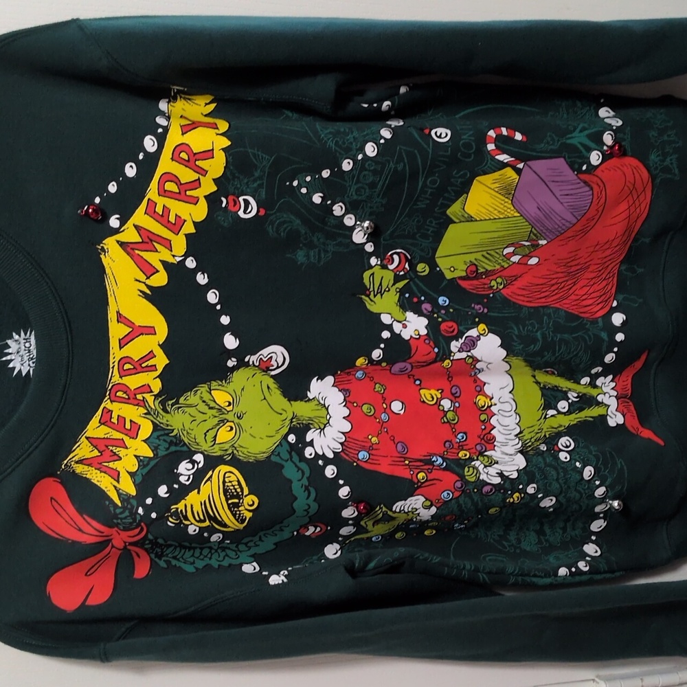 Grinch Sweatshirt With Jingle Bells On Front - Picture 2 of 6